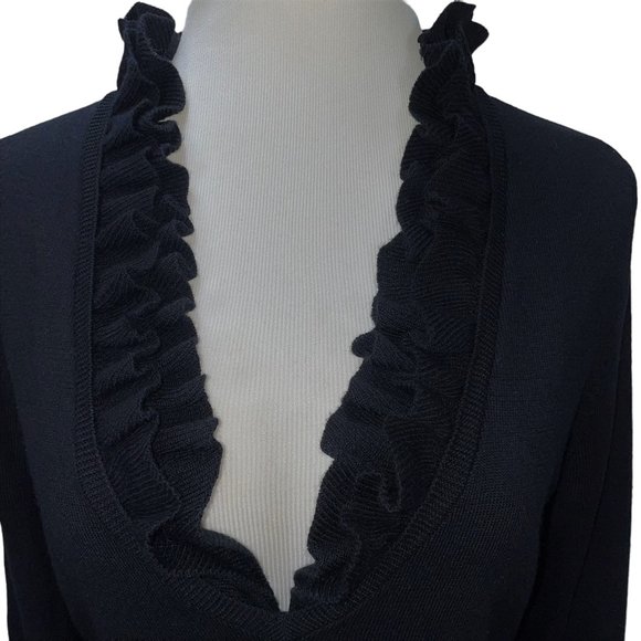 New Tory Burch Black Merino Wool Ruffle Neck Long Light Sweater Size M Tunic - Picture 3 of 10